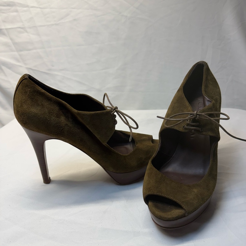 J. Crew Pilar Forest Fairy Green Italian Suede Lace-Up Peep Toe Platform Heels